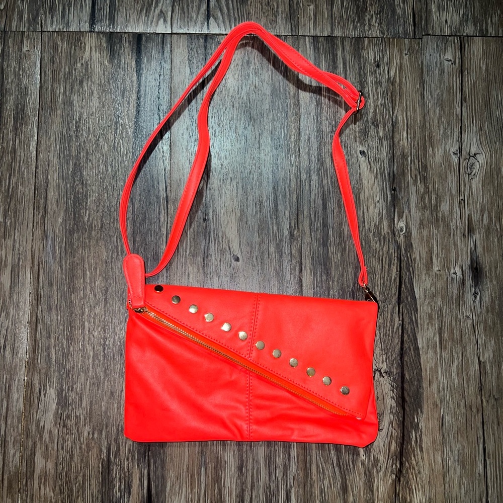 Never used: Neon Hot Orange Clutch Magnetic Purse with zippers and straps